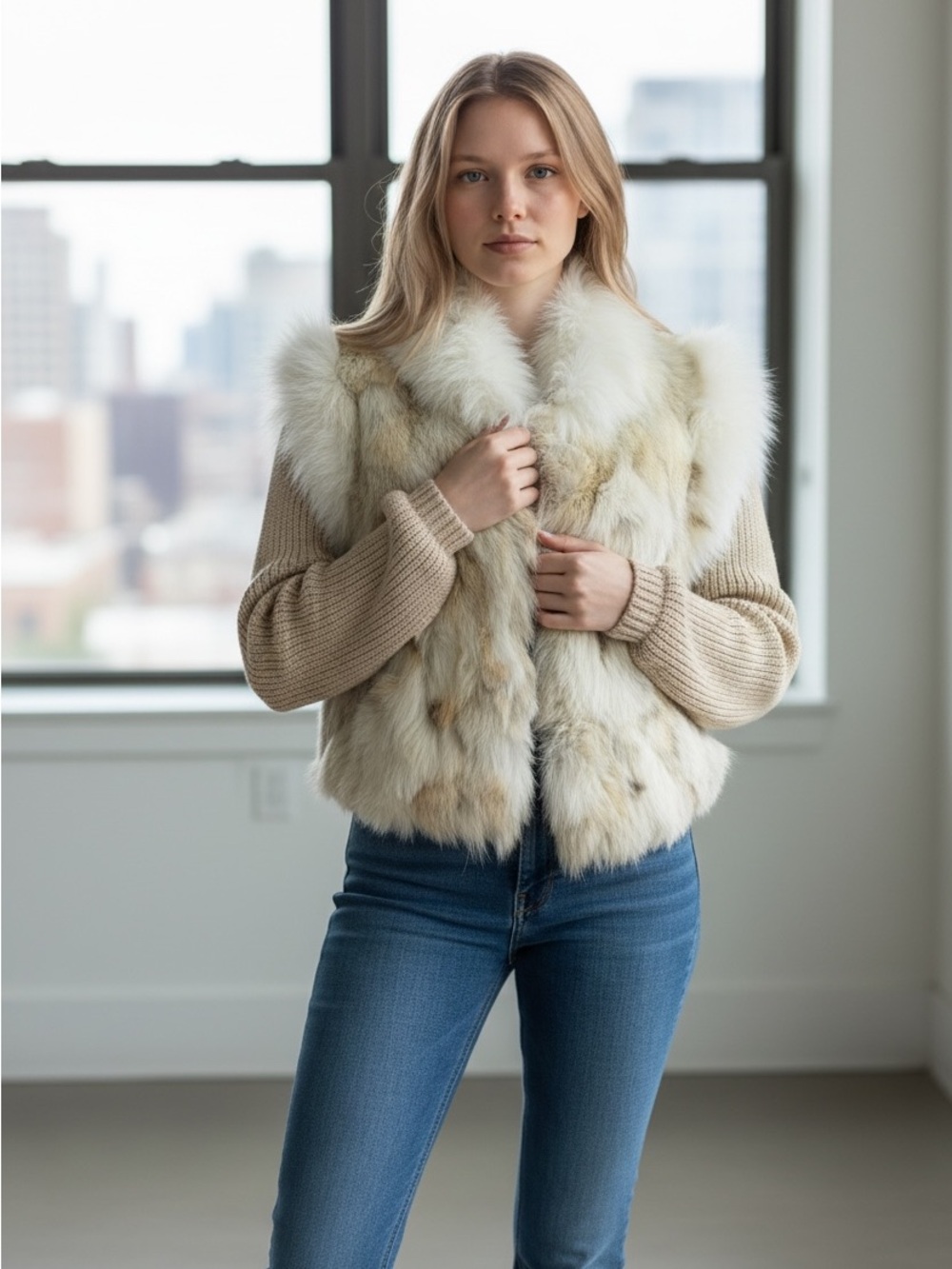 Genuine Fox Fur Jacket Vest with Knit Sleeves